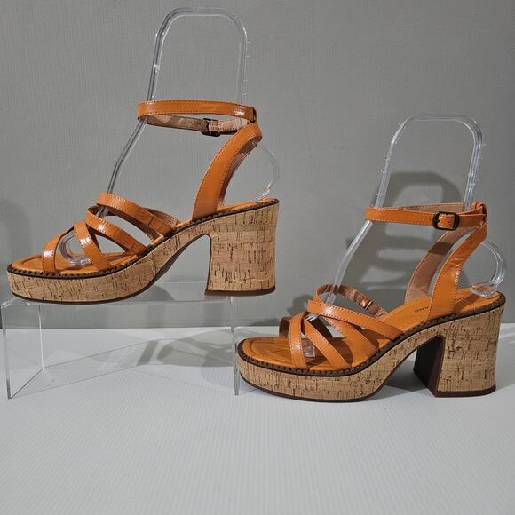 Lucky Brand Taiza Platform Sandal Womens 10 Orange Leather Cork Block Heel NEW - Picture 2 of 12
